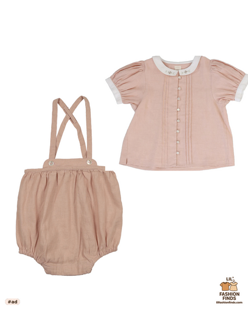Pintuck Collar Blouse with Linen Suspender Bloomers