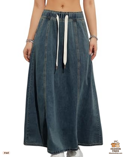 Paperbag Elastic High Waist Maxi Denim Skirt