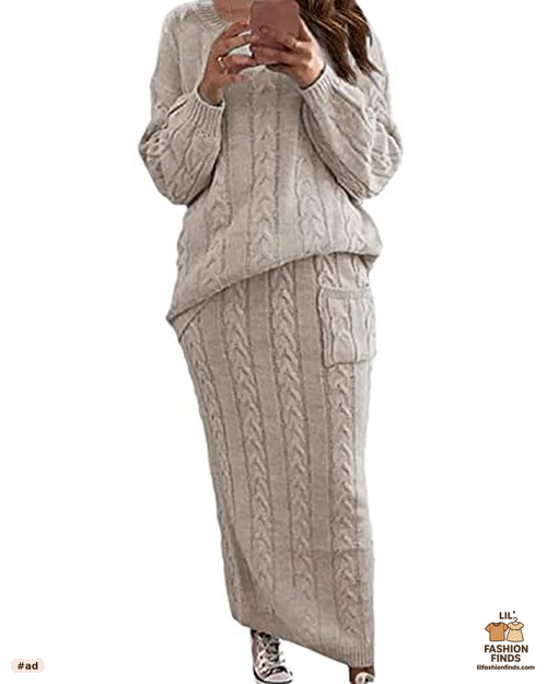 Women's Winter Chunky Cable Knit Long Skirt 2 Piece Outfit Sweater Sets