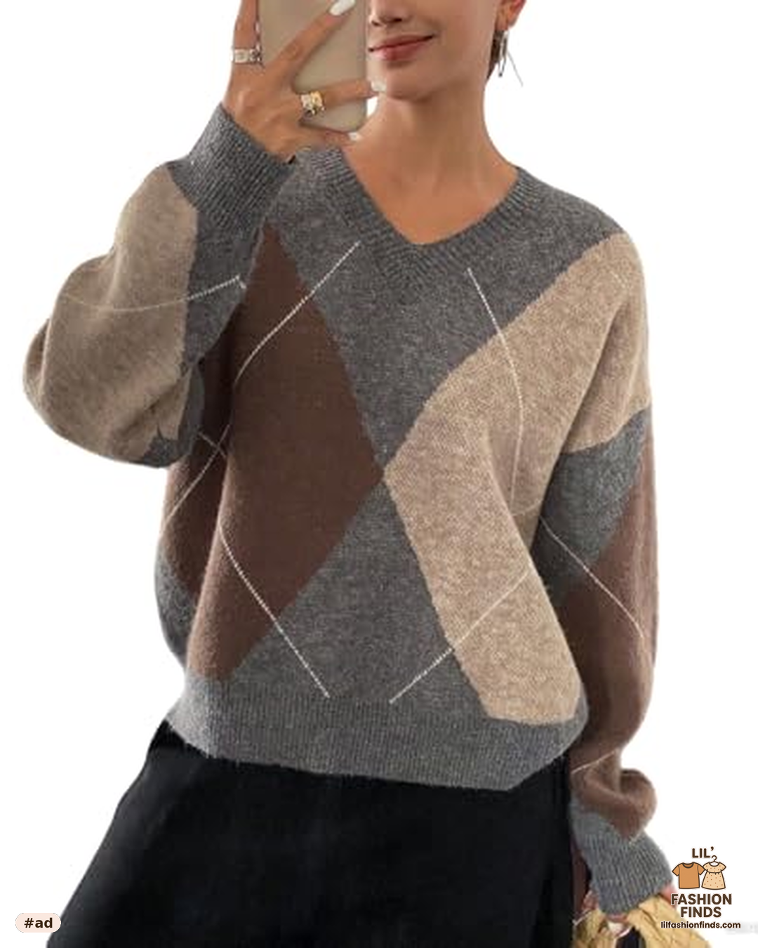 V-Neck Argyle Pullover Sweater