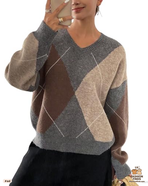 V-Neck Argyle Pullover Sweater