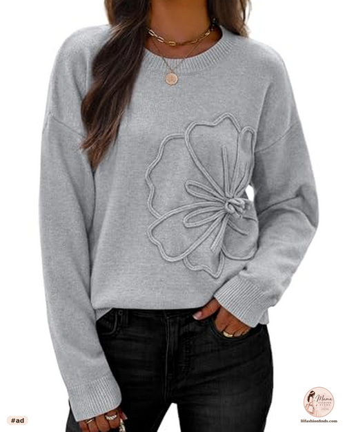 3D Floral Crew Neck Pullover Sweater