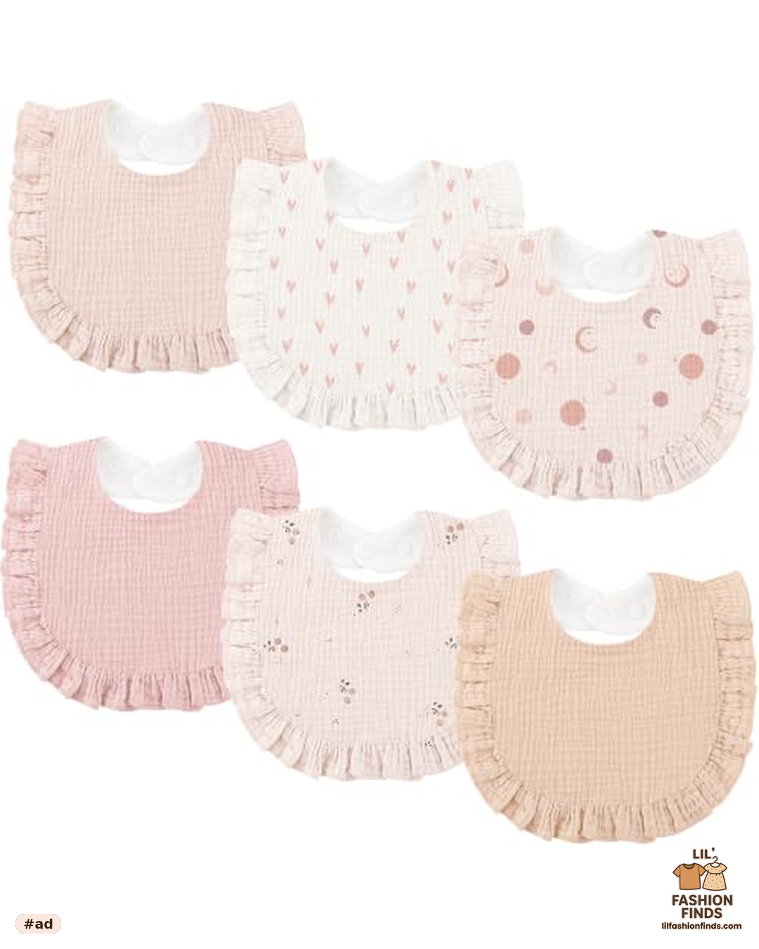 Muslin Bibs with Ruffle Trim, 6 Pack