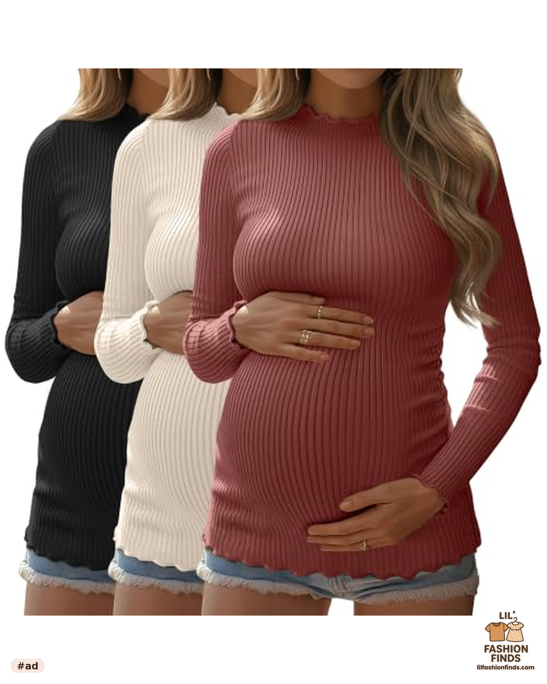 Ribbed Long Sleeve Maternity Tops 3-Pack
