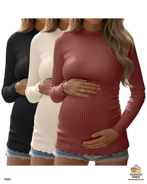Ribbed Long Sleeve Maternity Tops 3-Pack
