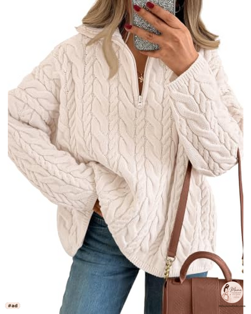 Oversized Quarter Zip Cable Knit Sweater